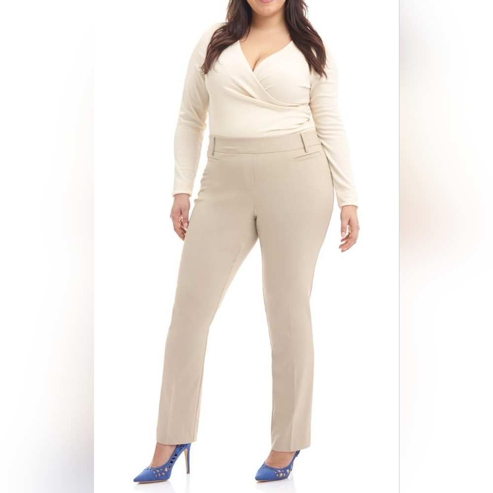 Curvy Woman Ease into Comfort Plus Size Straight Pant w/Tummy Control, Stone